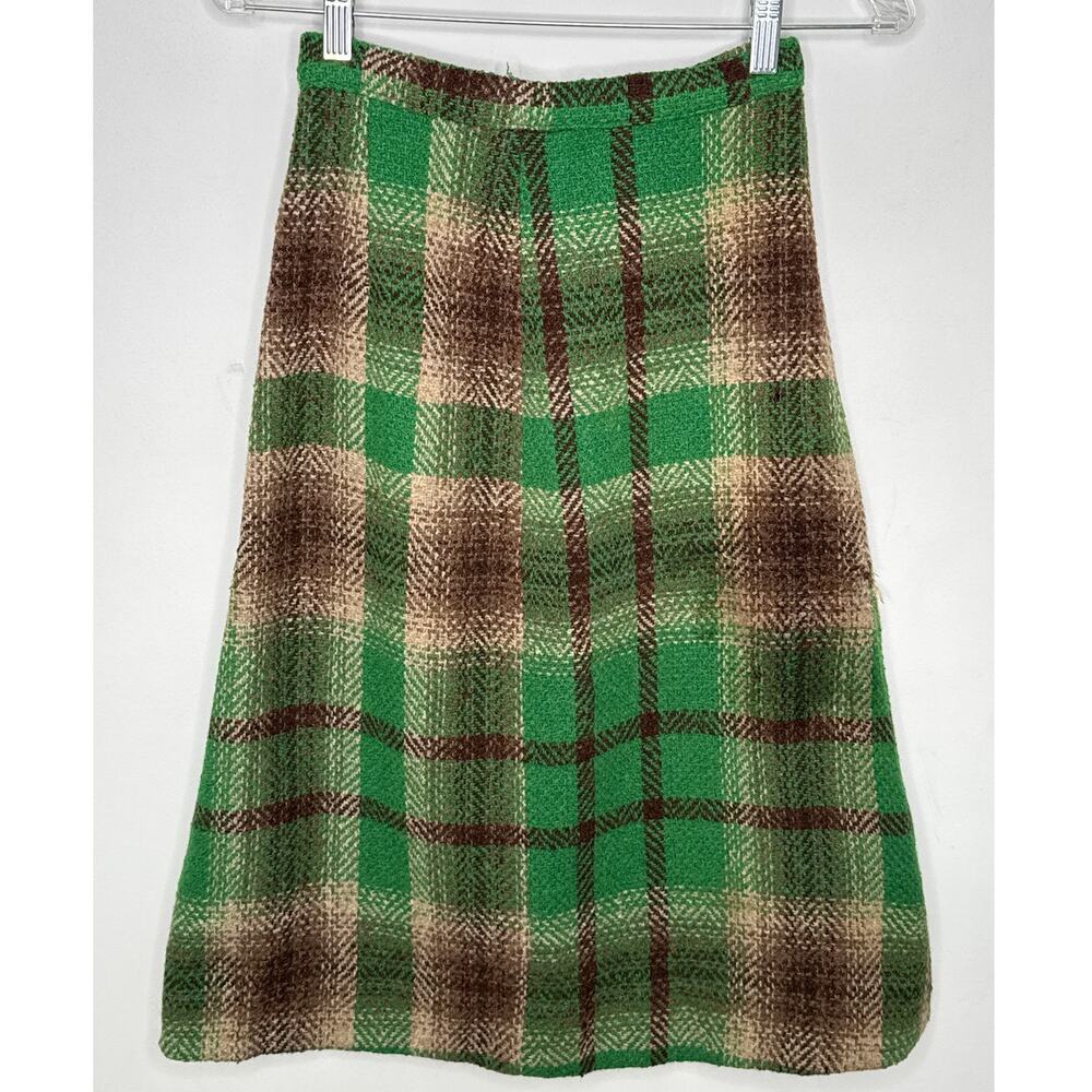1970s Handmade Green Brown Plaid Skirt & Vest Set XXS - Picture 7 of 14